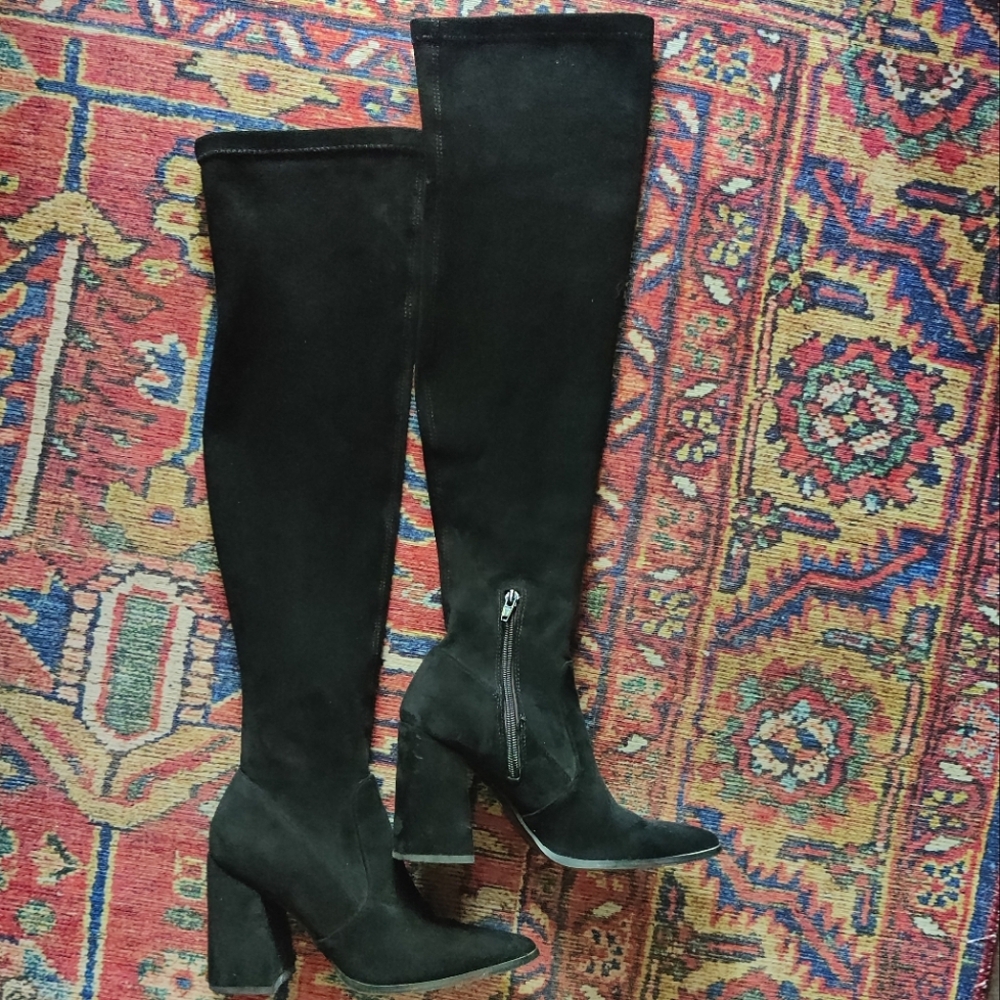 Steve Madden Tava Knee High Black Faux Suede Heeled Sock Boots